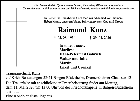 Traueranzeige von Raimund Kunz von Allgemeine Zeitung Rheinhessen-Nahe