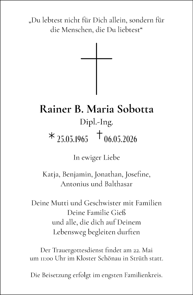  Traueranzeige für Rainer B. Maria Sobotta vom 16.05.2026 aus Wiesbadener Kurier