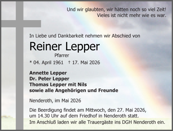 Traueranzeige von Reiner Lepper von Weilburger Tageblatt