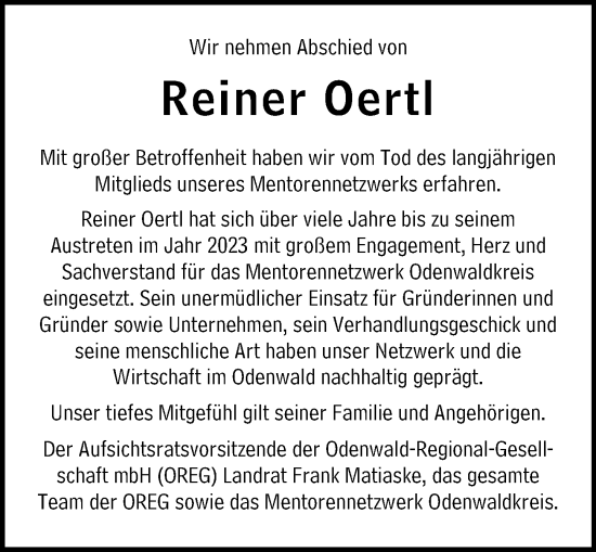 Traueranzeige von Reiner Oertl von Odenwälder Echo
