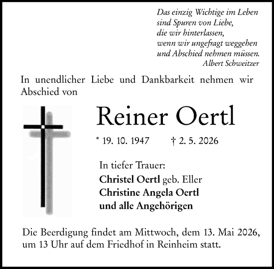 Traueranzeige von Reiner Oertl von Odenwälder Echo
