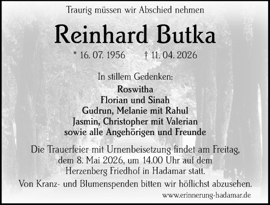 Traueranzeige von Reinhard Butka von Weilburger Tageblatt