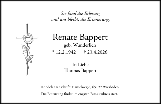 Traueranzeige von Renate Bappert von Wiesbadener Kurier