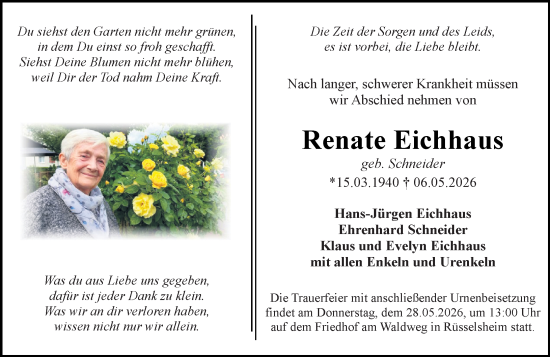 Traueranzeige von Renate Eichhaus von Rüsselsheimer Echo