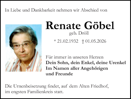 Traueranzeige von Renate Göbel von Odenwälder Echo