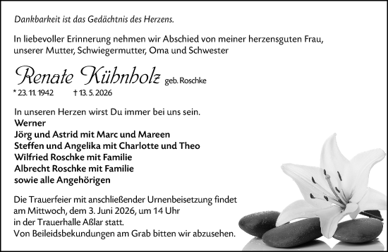 Traueranzeige von Renate Kühnholz von Wetzlarer Neue Zeitung