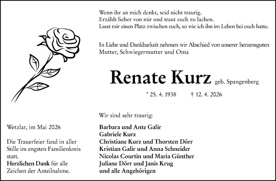 Traueranzeige von Renate Kurz von Wetzlarer Neue Zeitung