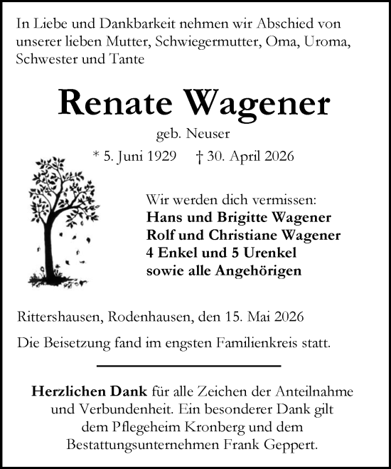 Traueranzeige von Renate Wagener von Dill Block