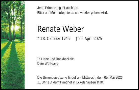 Traueranzeige von Renate Weber von Hinterländer Anzeiger