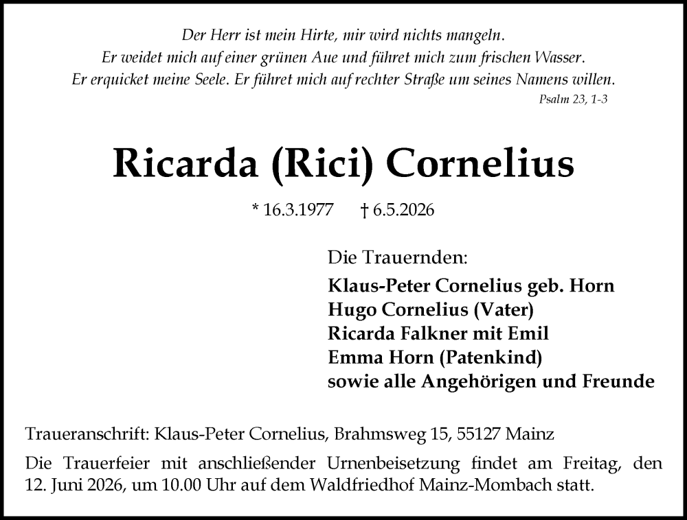  Traueranzeige für Ricarda Cornelius vom 30.05.2026 aus Allgemeine Zeitung Mainz