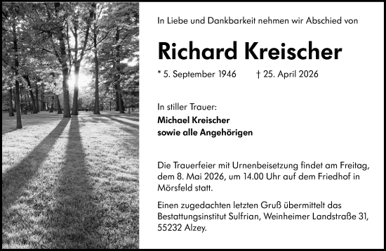 Traueranzeige von Richard Kreischer von Allgemeine Zeitung Alzey