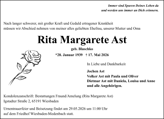 Traueranzeige von Rita Margarete Ast von Wiesbadener Kurier