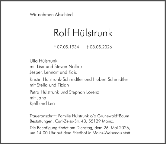 Traueranzeige von Rolf Hülstrunk von Allgemeine Zeitung Mainz