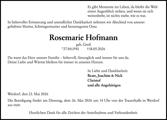 Traueranzeige von Rosemarie Hofmann von Wetzlarer Neue Zeitung