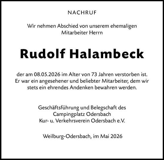 Traueranzeige von Rudolf Halambeck von Weilburger Tageblatt