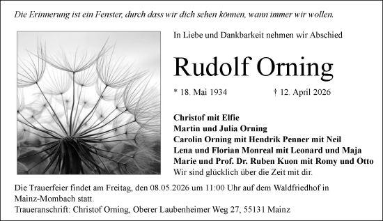 Traueranzeige von Rudolf Orning von Allgemeine Zeitung Mainz