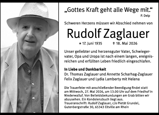Traueranzeige von Rudolf Zaglauer von Wiesbadener Kurier