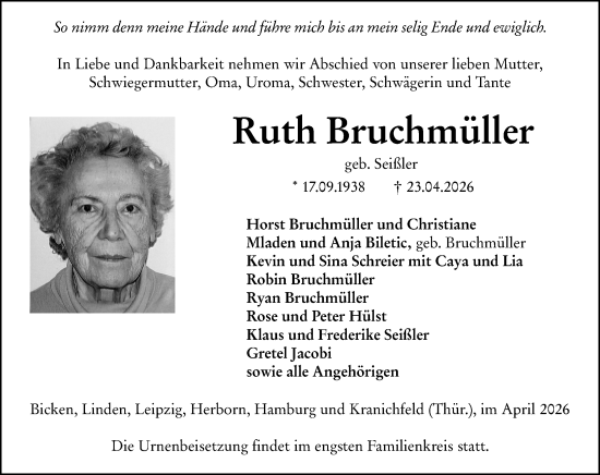Traueranzeige von Ruth Bruchmüller von Dill Block