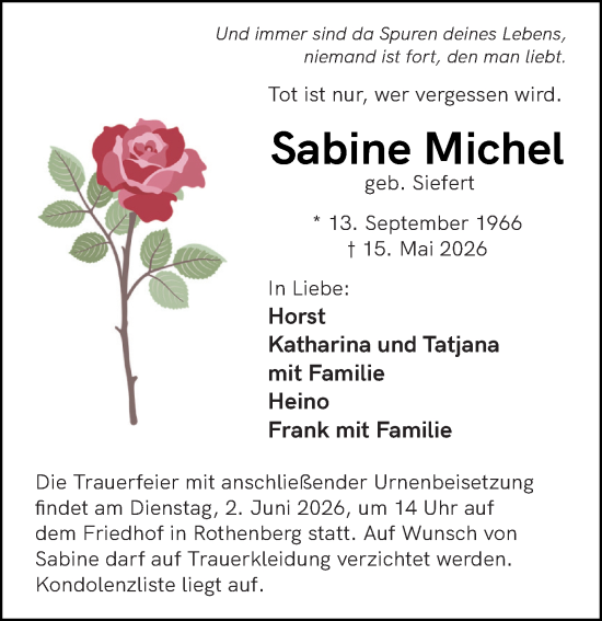 Traueranzeige von Sabine Michel von Odenwälder Echo