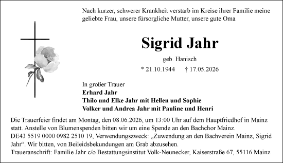 Traueranzeige von Sigrid Jahr von Allgemeine Zeitung Rheinhessen-Nahe