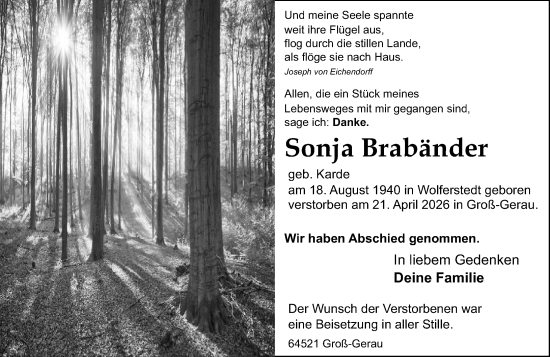 Traueranzeige von Sonja Brabänder von Groß-Gerauer Echo
