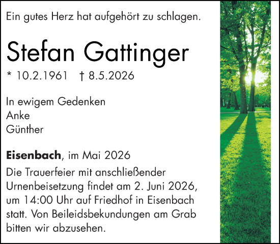 Traueranzeige von Stefan Gattinger von Camberger Anzeiger