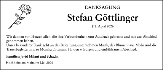 Traueranzeige von Stefan Göttlinger von Hochheimer Zeitung