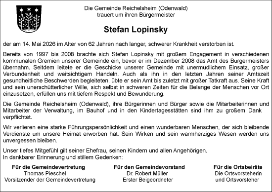 Traueranzeige von Stefan Lopinsky von Odenwälder Echo