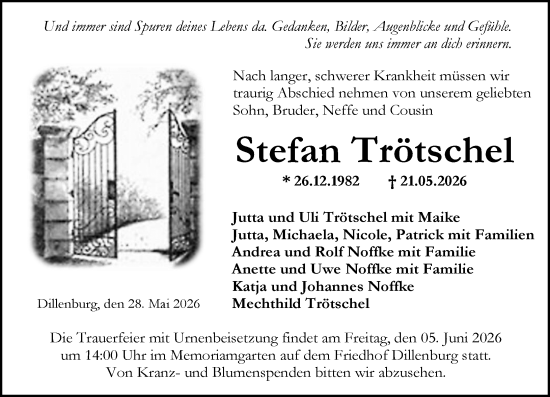 Traueranzeige von Stefan Trötschel von Dill Block