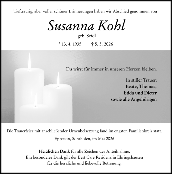 Traueranzeige von Susanna Kohl von Wetzlarer Neue Zeitung
