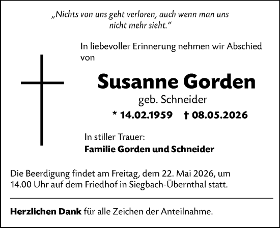 Traueranzeige von Susanne Gorden von Dill Block