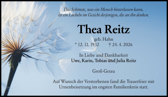Traueranzeige von Thea Reitz von Groß-Gerauer Echo