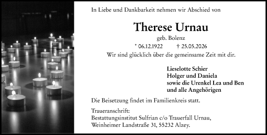 Traueranzeige von Therese Urnau von Allgemeine Zeitung Rheinhessen-Nahe