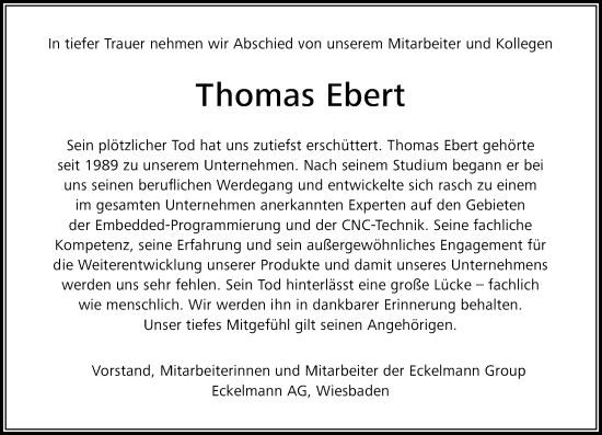 Traueranzeige von Thomas Ebert von Wiesbadener Kurier