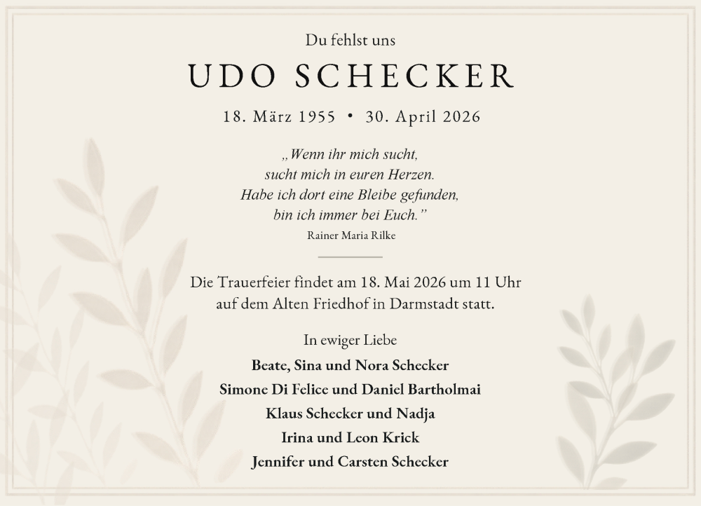  Traueranzeige für Udo Schecker vom 09.05.2026 aus Darmstädter Echo