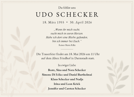 Traueranzeige von Udo Schecker von Darmstädter Echo