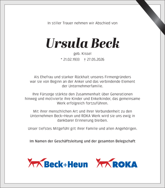 Traueranzeige von Ursula Beck von Weilburger Tageblatt