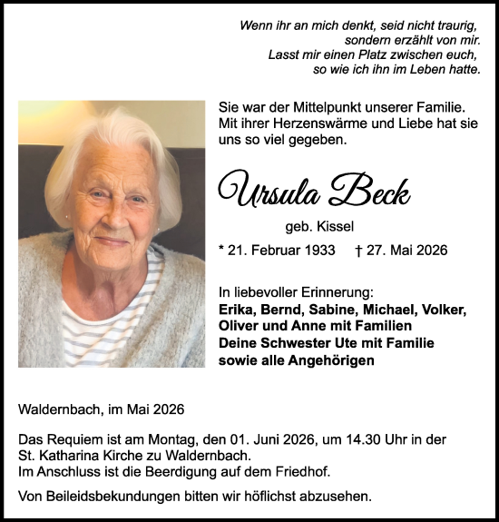 Traueranzeige von Ursula Beck von Weilburger Tageblatt