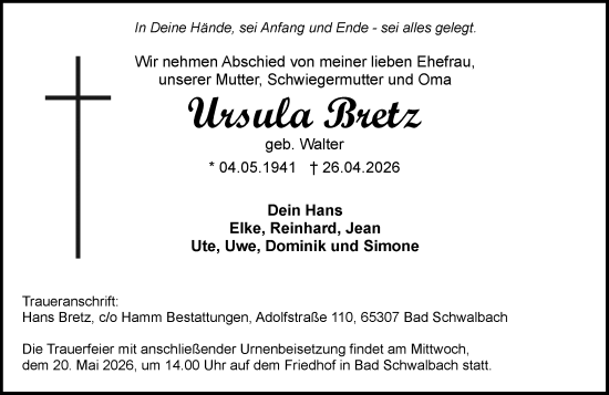 Traueranzeige von Ursula Bretz von Wiesbadener Kurier