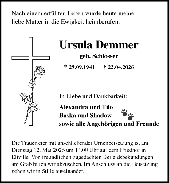Traueranzeige von Ursula Demmer von Rheingau Kurier