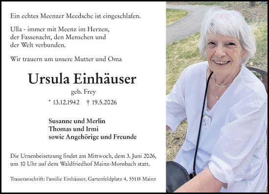 Traueranzeige von Ursula Einhäuser von Allgemeine Zeitung Mainz