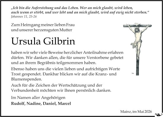 Traueranzeige von Ursula Gilbrin von Allgemeine Zeitung Mainz