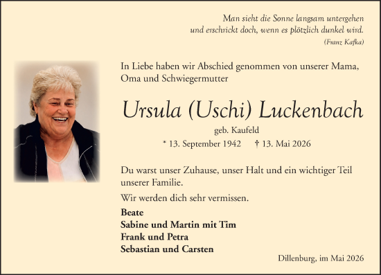 Traueranzeige von Ursula Luckenbach von Dill Block