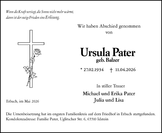 Traueranzeige von Ursula Pater von Rheingau Kurier