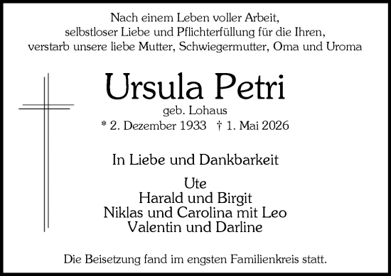 Traueranzeige von Ursula Petri von Wiesbadener Kurier