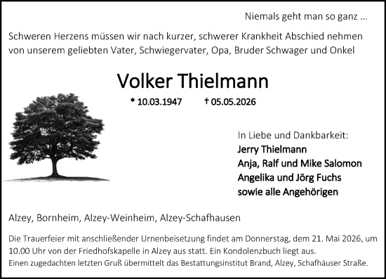 Traueranzeige von Volker Thielmann von Allgemeine Zeitung Alzey