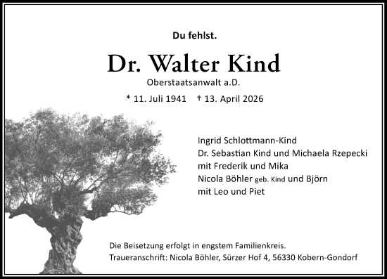 Traueranzeige von Walter Kind von Darmstädter Echo