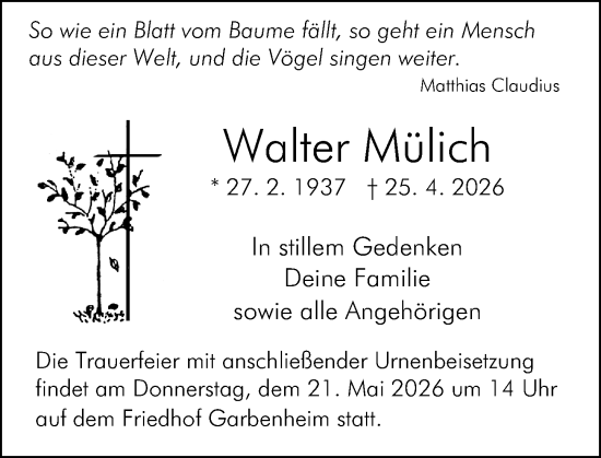 Traueranzeige von Walter Mülich von Wetzlarer Neue Zeitung
