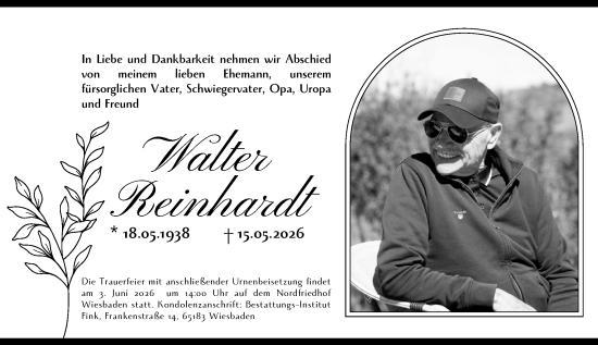 Traueranzeige von Walter Reinhardt von Wiesbadener Kurier