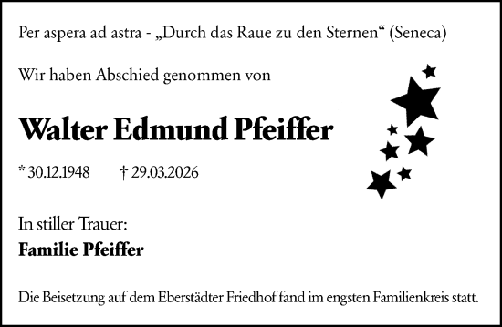 Traueranzeige von Walter Edmund Pfeiffer von Darmstädter Echo